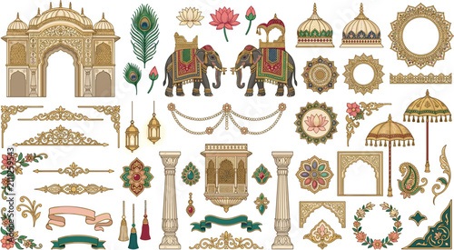 Traditional Rajasthani festive celebration vector graphic collection with mughal arch window jharokha luxury frames lotus flowers lanterns and ornate filigree dividers,