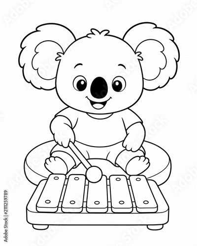 Vertical cartoon koala playing xylophone illustration for kids coloring book page educational musical activity design