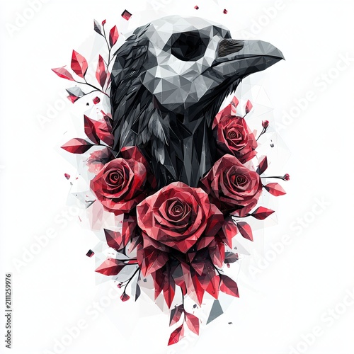 Black Bird with Roses in Geometric Low Poly Style Artwork