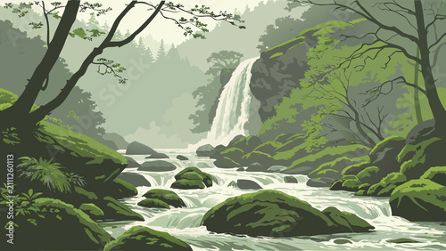 Scenic Forest Waterfall Cascade Flowing Over Rocky Stream Surrounded by Lush Green Jungle and Mountain Landscape, Beautiful Nature Travel Destination with Fresh Water and Wild Environment