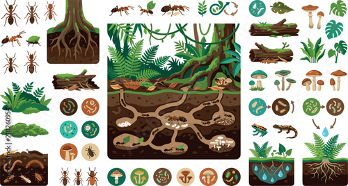 Foto Underground ant colony nest vector element set with jungle ecosystem forest soil