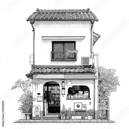 Simple black and white line drawing of a small Japanese two-story shop in manga ink sketch style, featuring clean lines and traditional architecture isolated on a plain background. 