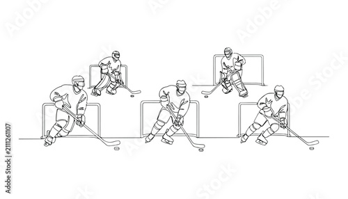 Photography Continuous Simple black line art drawing set of ice hockey player in a minimalist style on a white background