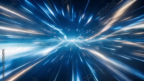 Fast interstellar travel through a bright blue wormhole tunnel animation with glowing streaks of light motion