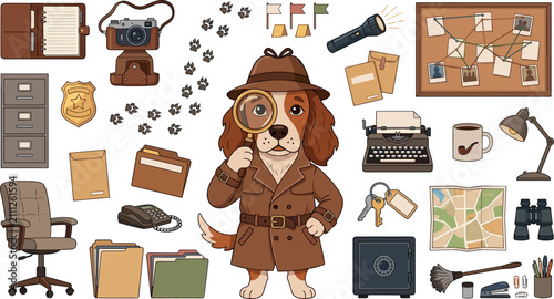 Cute cartoon detective dog character vector element set featuring magnifying glass trench coat investigation board typewriter camera and office equipment icons,