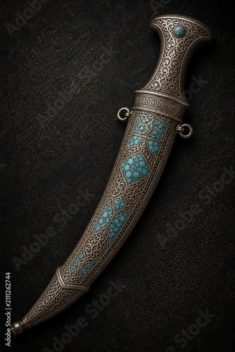 Curved dagger with intricate arabesque patterns and turquoise inlaid scabbard.
