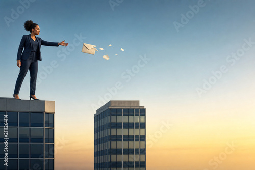 Businesswoman Sending Envelope Between Office Buildings