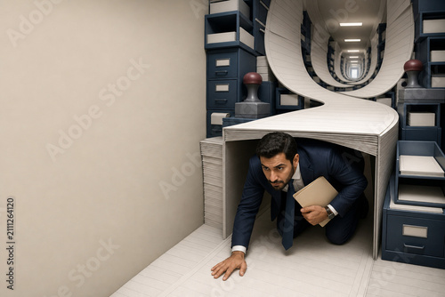 Businessman Crawling Through Paperwork Tunnel