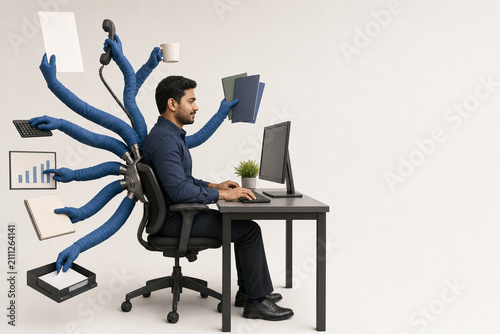Businessman Managing Multiple Tasks at Desk