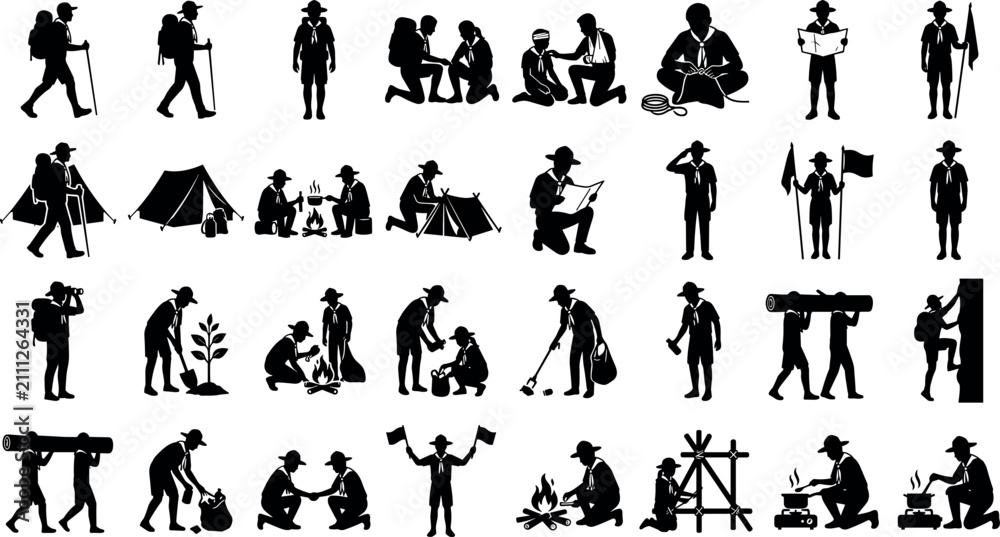 Obraz premium Set of scout silhouettes, boy scouts activities, camping, hiking, first aid, cooking, and outdoor adventure icons