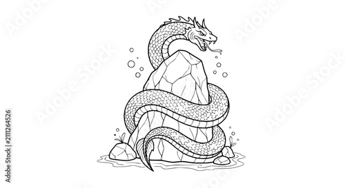 Cuadro en lienzo Mythical Sea Dragon Serpent Coiled Around a Rock Line Art Illustration