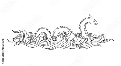 Photos Mythical sea monster swimming through swirling ocean waves line art
