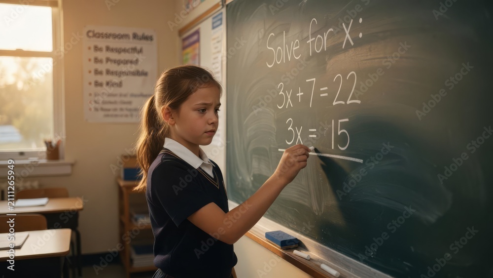 Fototapeta premium Elementary Girl Solving Math Equations on Blackboard Classroom Education Scene