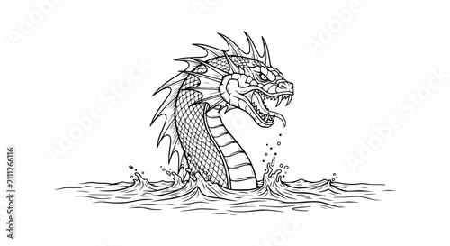 Foto Mythical Sea Serpent Emerging from Ocean Waves Line Art Illustration