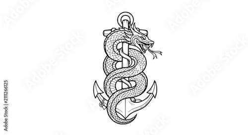 Quadro su tela Mythical Sea Serpent Dragon Wrapped Around Vintage Nautical Anchor Line Art