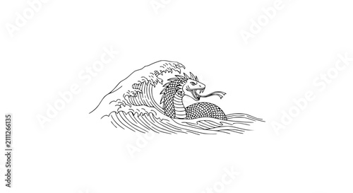 Tableau sur toile Mythical Sea Serpent Monster Emerging From Ocean Waves Woodcut Illustration