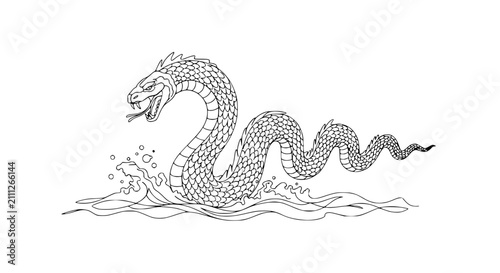 Tableau sur toile Mythical Sea Serpent Rising From Ocean Waves Tattoo Style Line Art Illustration