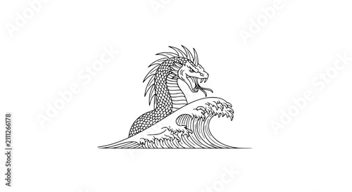 Mythological Sea Serpent Dragon Emerging From Ocean Waves Vector Illustration