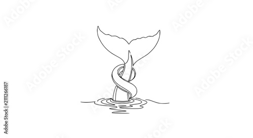 One continuous line drawing of whale tail splashing in ocean water