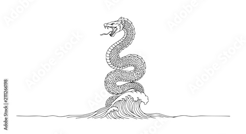 Mythical Sea Serpent Rising from Ocean Waves Hand Drawn Vector Illustration
