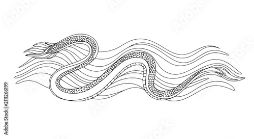 Ornate Mythological Serpent Swimming in Ocean Waves Coloring Page Design