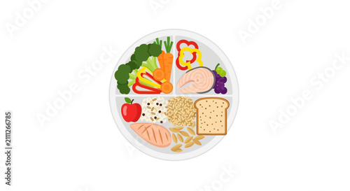 Healthy Balanced Meal Plate: Salmon, Chicken, Grains, Fruits, Vegetables