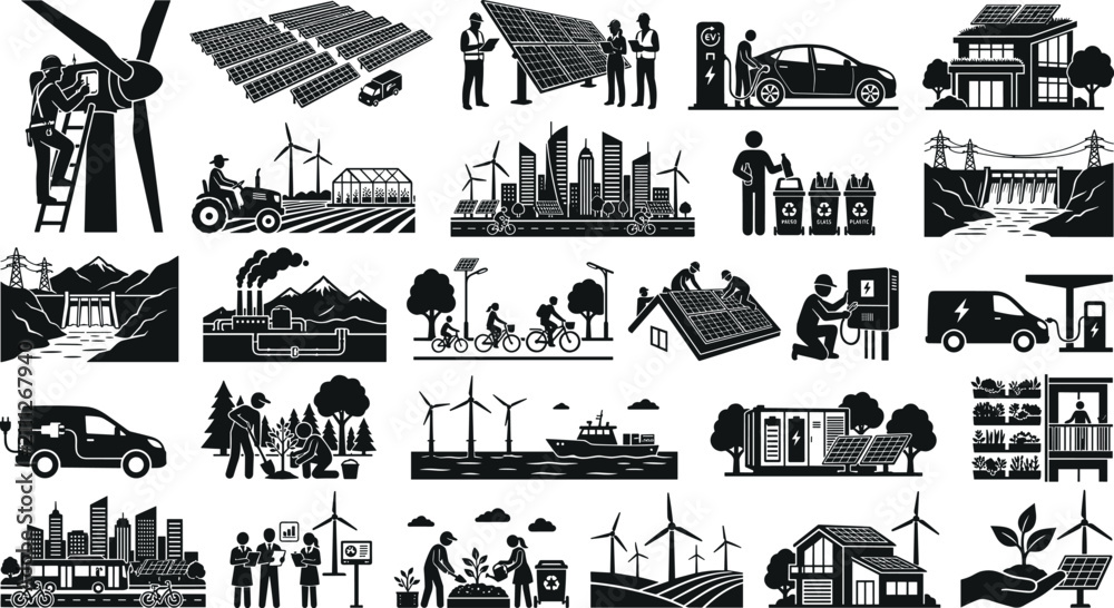 Obraz premium Set of green energy, sustainable development, and ecofriendly technology icons