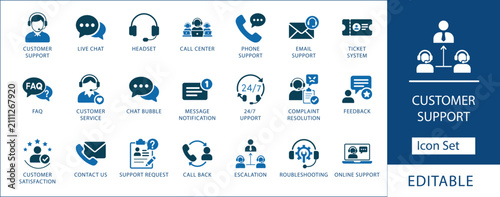 Fotografie Customer support icon set featuring live chat, call center, email service, helpline, feedback, and online assistance vector symbols