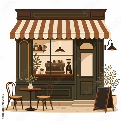 A charming cafe storefront features a brown striped awning and outdoor bistro seating.