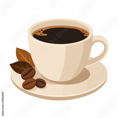 A steaming cup of black coffee sits on a saucer with roasted beans and leaves.
