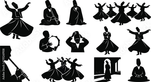 Obraz na plátne Set of black and white silhouette featuring sufi dervishes performing the whirli
