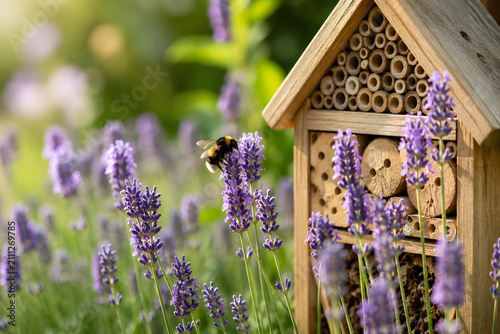 Bumblebee Pollinating Lavender Near Insect Hotel