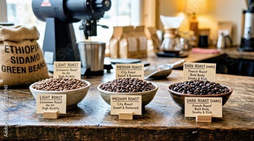 Three Coffee Bean Roast Levels Displayed on Rustic Wooden Counter With Coffee Equipment