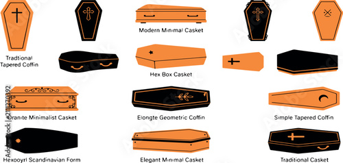 Cuadro en lienzo Collection of various wooden coffins and caskets shown in different angles and s