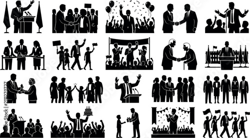 Set of political campaign and public event icons, featuring politicians giving speeches, shaking hands, ribbon cutting, and interacting with citizens