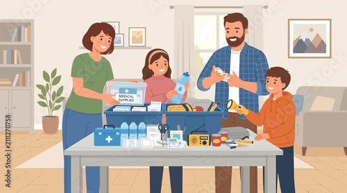 Family preparing emergency disaster supply kit together at home for safety and preparedness.