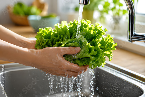 Washing Fresh Leafy Vegetables Under Running Water