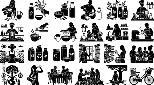 Billede på lærred Set of icons depicting the production, preparation, and consumption of plantbase