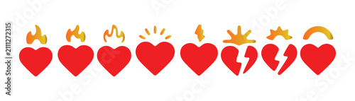 Canvas Print Set of heart icons with fire, shining, lightning, and broken heart symbols, various emotions