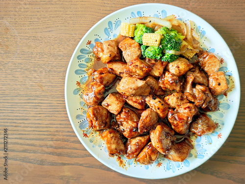 Japanese-style diced pork steak with onsen egg.