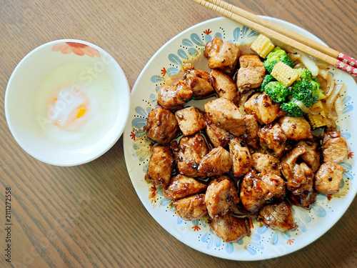 Japanese-style diced pork steak with onsen egg.
