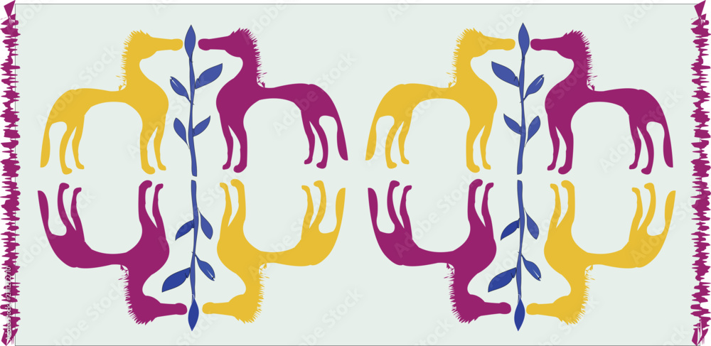 Fototapeta premium Abstract Folk Art Symmetrical Pattern with Stylized Orange Horses, Abstract Folk Art Symmetrical Pattern with Stylized Orange Horses