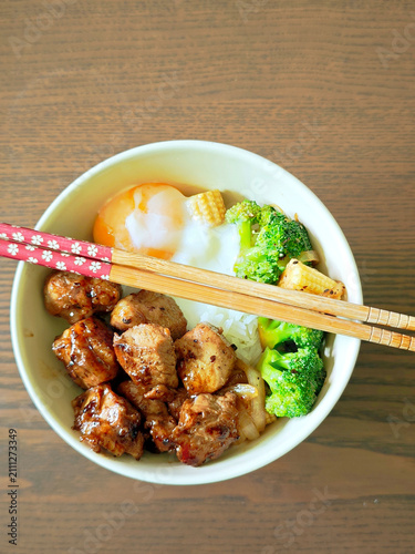 Japanese-style diced pork steak with onsen egg.