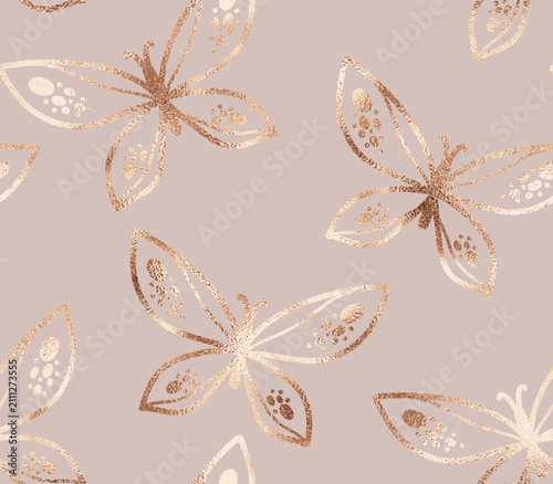 Hand drawn decorative seamless pattern with gold butterfly ornament.