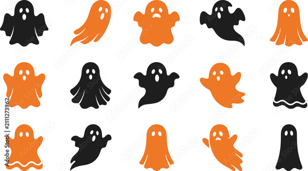Fototapeta premium Set of cute cartoon halloween ghost characters in orange and black colors for festive holiday party decoration designs