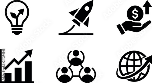 Set of business and startup icons including innovation, rocket launch, profit growth, financial chart, teamwork, and global expansion