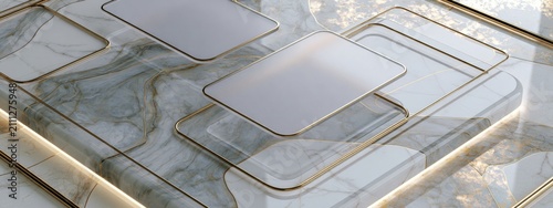 Elegant Frosted Glass Cards on Marble Surface with Floating Design Elements and Soft Lighting Effects