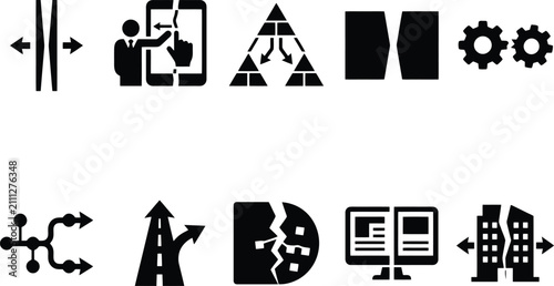 Business Separation and Corporate Divestiture Black Icon Set for Financial Reports, Organizational Restructuring & Strategic Planning Presentations (EPS)