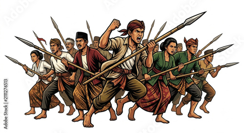 Картината върху платно Group of Indonesian Freedom Fighters Charging with Bamboo Spears Vector Illustra