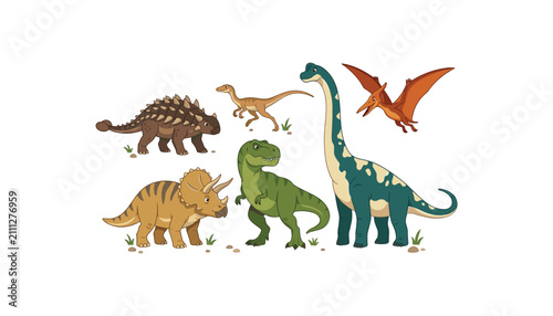 Cuadro en lienzo Cute cartoon dinosaurs vector set with tyrannosaurus rex triceratops brachiosaur